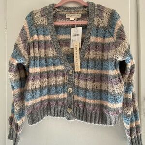 Saltwater LUXE Striped Cropped Chunky Cable knit Cardigan L - Gray, Blue, Pink